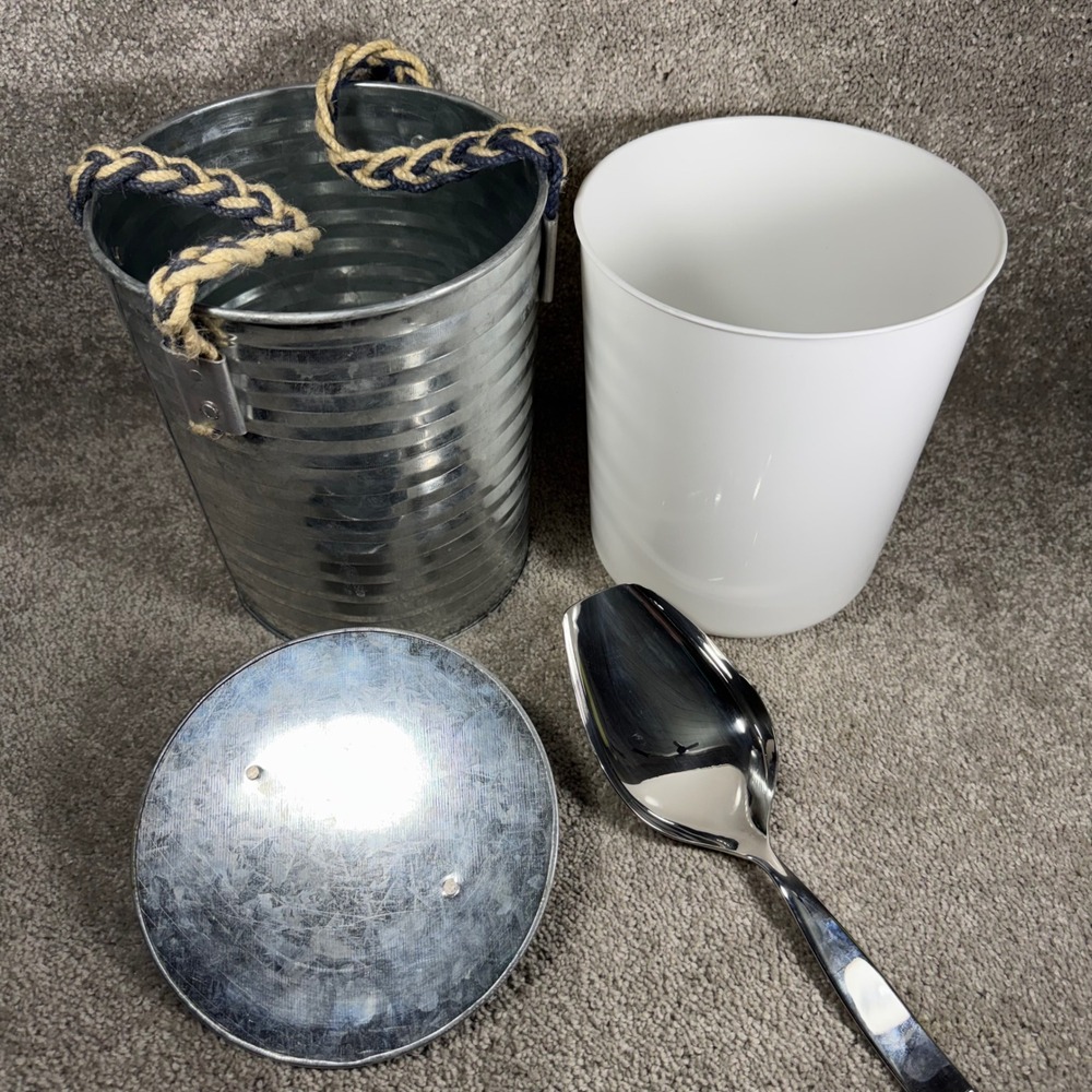Ice Bucket Silver Galvanized Ribbed Rope Handle Nautical Farmhouse Set - Picture 2 of 14
